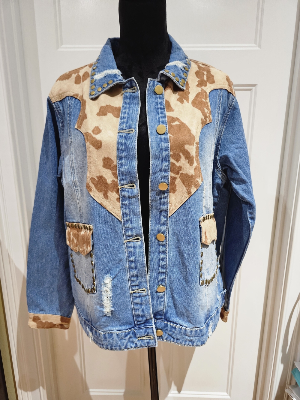 Blue Denim Jean Jacket with Tan Cowhide Accents - Women's, NWOT